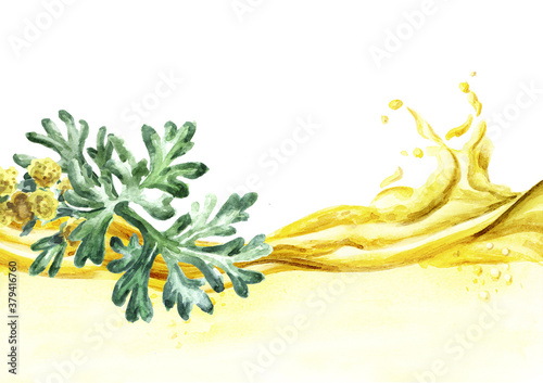 Sprigs, leaf anf flowers of medicinal plant wormwood essential oil wave. Hand drawn watercolor illustration isolated on white background