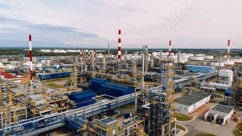 Aerial shot over a pipe infrastructure in an oil refinery in Gdansk, Poland. . High quality photo