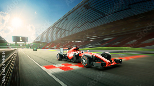 Race driver pass the finishing point and motion blur background during sunrise. 3D rendering