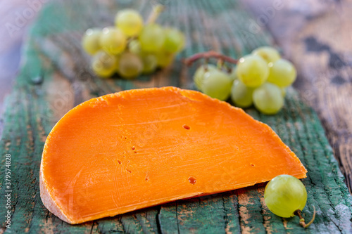 Piece of tasty mimolette cheese on white. Breakfast, chees.