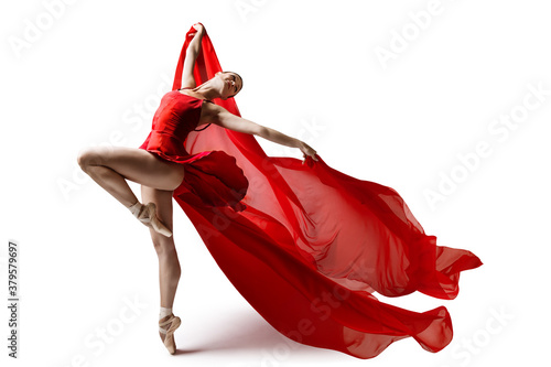 Ballerina Jumping in Pointe Shoes with Flying Red Cloth, Modern Ballet Dance, Isolated White Background