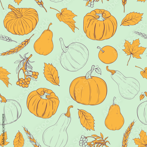 seamless autumn pattern with harvest. seamless pattern with pumpkins, apples, pears and berries 