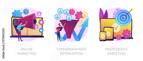 Business development, digital advertisement, internet communication. Online marketing, conversion rate optimization, multi-device targeting metaphors. Vector isolated concept metaphor illustrations.