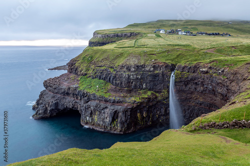 Waterfall Mulafossur on Faroe Islands, Denmark.