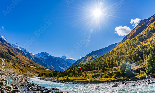 Serene Landscape of Baspa river valley near Chitkul village in Kinnaur district of Himachal Pradesh, India. It is the last inhabited village near the Indo-China border.