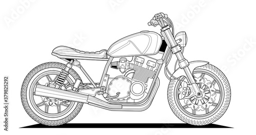 Adult motorcycle coloring page for book and drawing. Cafe style. Race. Moto vector illustration. High speed drive vehicle. Graphic element. Black contour sketch illustrate Isolated on white background