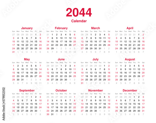 Calendar 2044 - 12 months yearly vector calendar - calendar planner template svg format