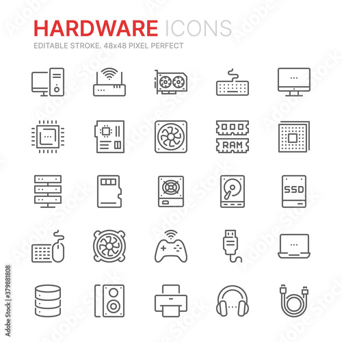 Collection of hardware related line icons. 48x48 Pixel Perfect. Editable stroke