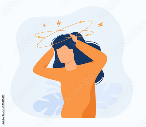 Sick person suffering from vertigo, feeling confused, dizzy and head ache. Flat vector illustration for stress, sickness symptoms, migraine, hangover concept