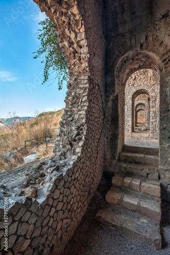 Ruined wall in the Temple of Jupiter Anxur, an Ancient Roman temple that is located in Terracina, Latina, Italy. .