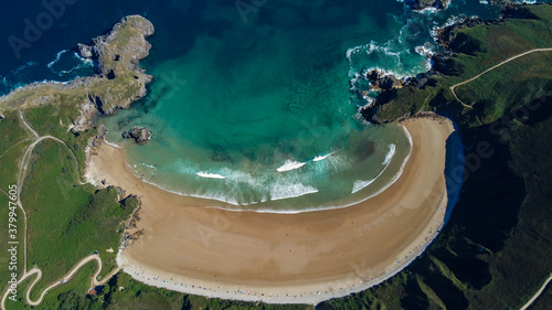 Playa de Torimbia, Torimbia beach, Barro, Llanes, Asturia, Asturias, north Spain, view from the air, dron, drone
