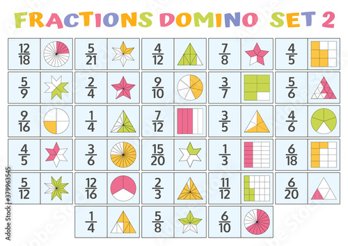 Fractions Domino Mathematical Puzzle. Math Game. 