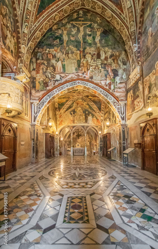 Subiaco, Italy - main sight of Subiaco and one of the most beautiful Benedictine monasteries in the World, the Sacro Speco Monastery displays amazing frescoes. Here in particular its interiors