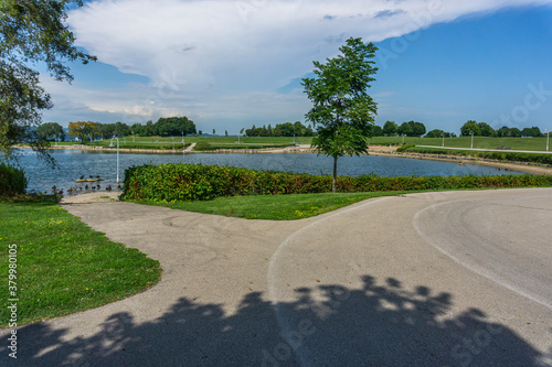 View across the lake from Trail at Bayfront Park in Hamilton, Ontario, Canada.