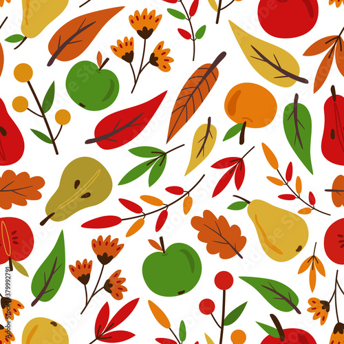 Autumn fall vector seamless pattern. Falling leaves, apples, pears. Harvesting. Isolated design elements. Seasonal background for wallpaper, wrapping paper, textile, scrapbooking. Flat cartoon design.