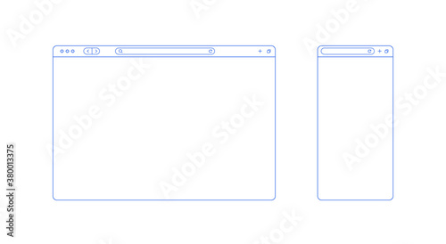 Browser template outline with blank place for website and mobile app. Internet page concept for desktop and smartphone. Minimalistic browser ui window in line style. Abstract vector mockup.
