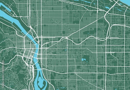Detailed map of Portland city, linear print map. Cityscape panorama.