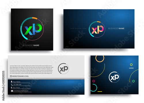 Letter XP logotype with colorful circle, letter combination logo design with ring, sets of business card for company identity, creative industry, web, isolated on white background.