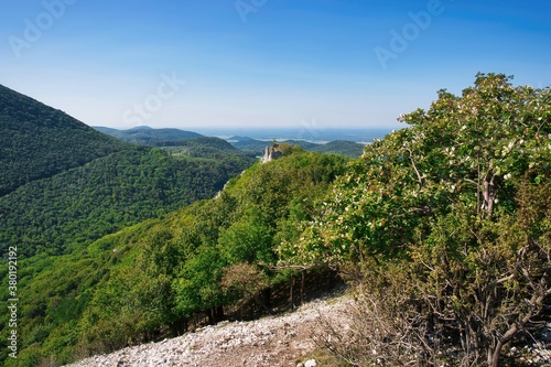 Ostry Kamen castle ruins view from Zaruby mountain, Slovakia