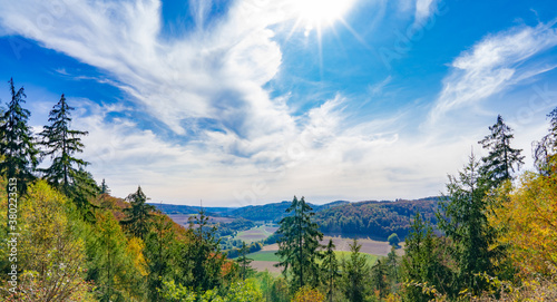 View of the valley in the Kellerwald-Edersee National Park, in Germany, on a sunny autumn day