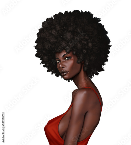 Beautiful black woman young with afro hairstyle in a red dress with large breasts. Illustration of a raster raster art realistic 3D rendering.
