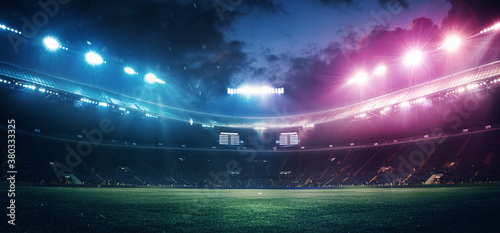 Full stadium and neoned colorful flashlights background. Flyer with copyspace in modern colors. Concept of sport, competition, winning, action and motion. Empty area for championships, your ad, design