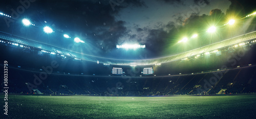 Full stadium and neoned colorful flashlights background. Flyer with copyspace in modern colors. Concept of sport, competition, winning, action and motion. Empty area for championships, your ad, design