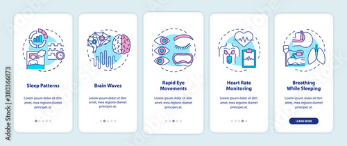 Medical exam of sleep pattern onboarding mobile app page screen with concepts. Healthcare control walkthrough 5 steps graphic instructions. UI vector template with RGB color illustrations