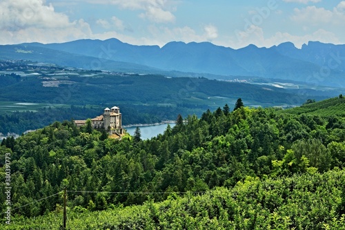 Italy-view towards Cles Castle at the lake of Santa Giustina