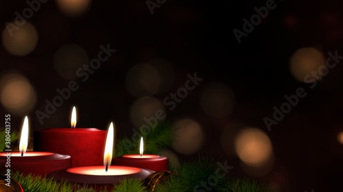 Romantic festive Christmas holiday evening. Four lit red candles on indoor Advent wreath. Romantic festive candlelight with tranquil bokeh lights and dark copy space. 3D illustration Xmas background.