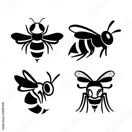 Set of flat line wasp icons. Bundle of black insects silhouettes Isolated on a white background. Graphic symbol, design template for logo. Vector illustration emblem of a bee, hornet, pest, sting.
