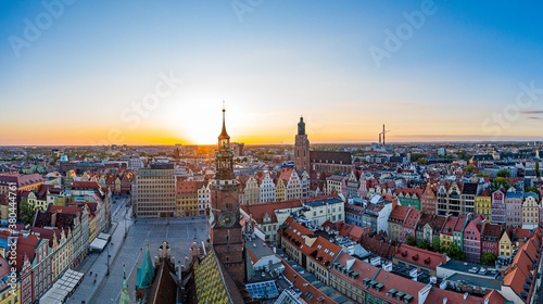 Aerial drone view on Wrocław old town and main square at sunset.