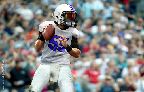 American football quarterback getting ready to throw a ball with spectator in background