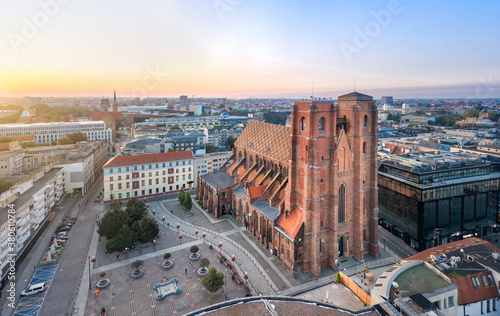 Aerial view of St. Mary Church at sunrise in Wroclaw, Poland