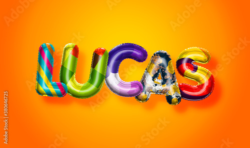 Lucas male name, colorful letter balloons background