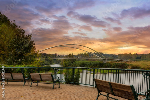 Park Benches at Riverfront Park in Salem Oregon during Sunset