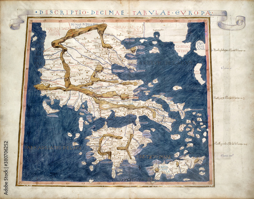 Greece old map from rare medieval book Geography by Claudius Ptolemy published in 1480.