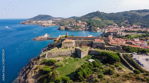 Aerial view of the Fort Miradou in the town of Collioure along the coast of the Mediterranean Sea in the South of France - Catalan fortification in the Eastern Pyrenees