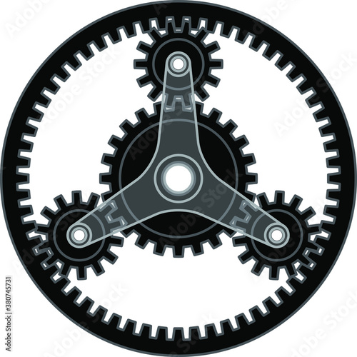 A planetary gear system with a central sun gear, three planets gears, and an encompassing ring gear.