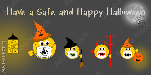 Stay Covid safe this Halloween text, Adult emoji wearing face mask with children dressed for trick or treat at Halloween, covid 19 concept