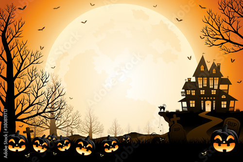 Halloween pumpkins, spooky trees and haunted house with moonlight on orange background.