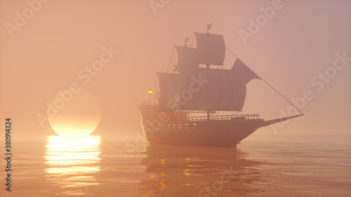 3D Illustration of an old wooden warship on a foggy sea at sunset