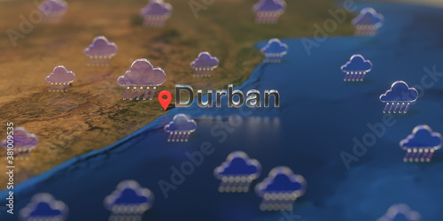 Rainy weather icons near Durban city on the map, weather forecast related 3D rendering