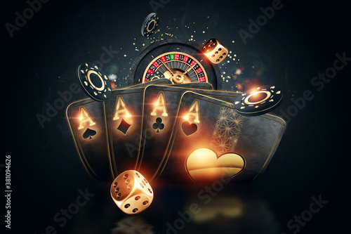 Creative poker template, background design with golden playing cards and poker chips on a dark background. Casino concept, gambling, header for the site. Copy space, 3D illustration, 3D render.