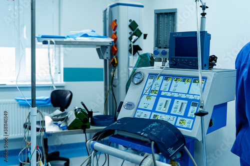 Pulse and pressure measurement equipment. Operating room in hospital. Hi tech facilities in hospital.