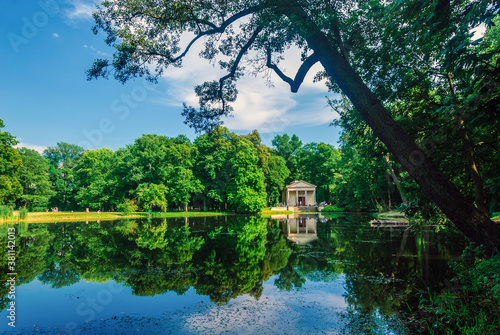 View of the romantic park Arkadia with Diana's temple, central Poland