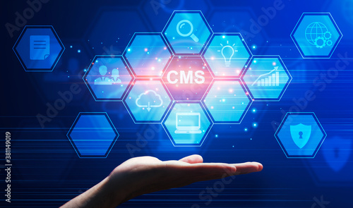 CMS pictograms over male hand, collage. Content management system, social media administration, webpage optimization