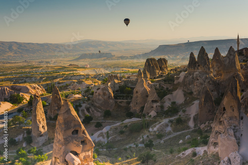Uchisar castle and town panoramic view in sunrise, Cappadocia, Turkey