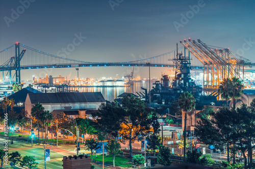 Night View of Port of Los Angeles, Vincent Thomas Bridge, Battleship Iowa, Long Beach, California, taking from San Pedro.