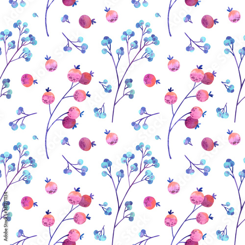 Seamless pattern with blue and pink stylized berries. Wallpaper, wrapping paper design, textile, scrapbooking, digital paper. Watercolor hand drawn illustrations on white background.